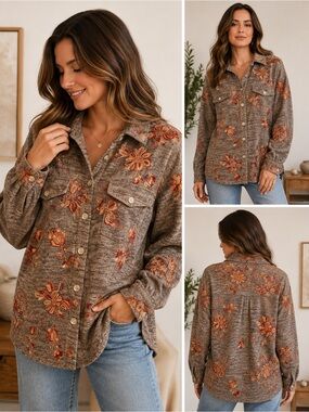 Figueroa & Flower L Embroidered Floral Shacket Boho Artsy Cottagecore